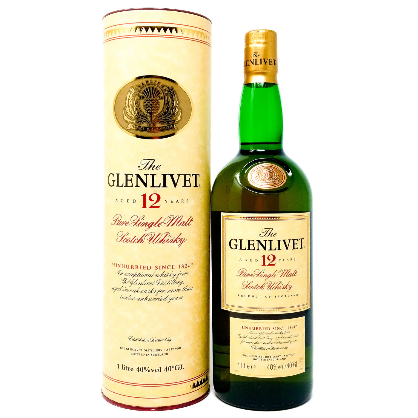 1980s - 1990's The Glenlivet 12 year old Malt Scotch Whisky Original Tube Packaging 1 litre