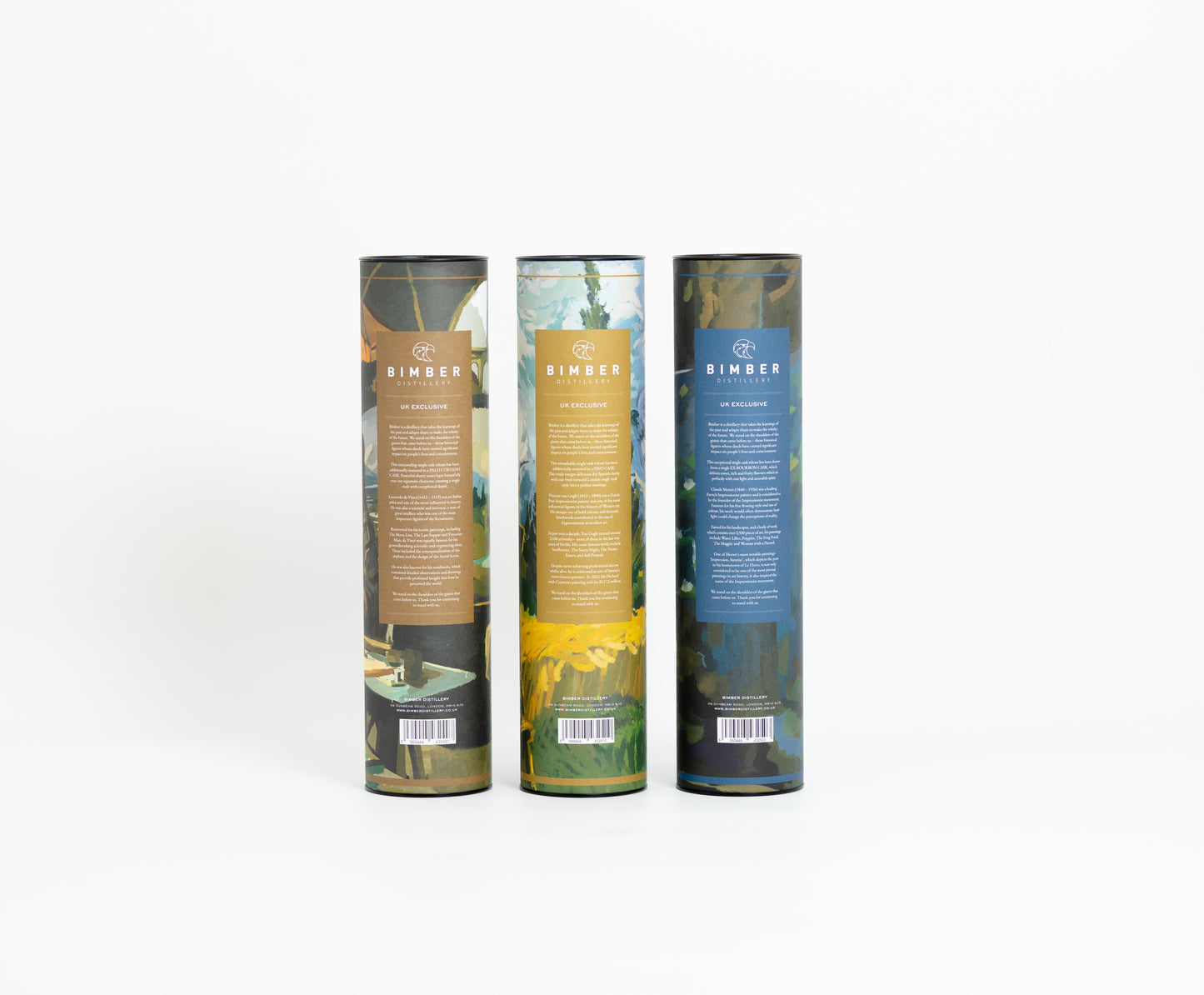 Bimber “Shoulders of Giants” Trio – Vincent, Leonardo & Claude, UK Exclusive Single Casks, 3 x 70cl