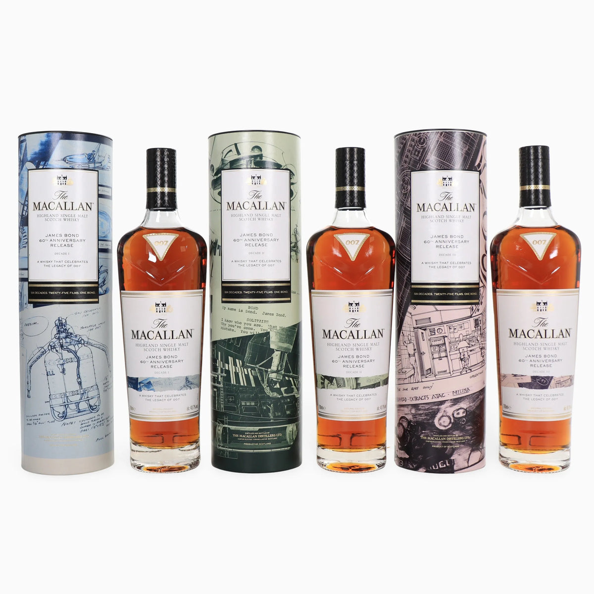 The Macallan James Bond 60th Anniversary | Complete 7-Bottle Set | Decades I-VI + Diamonds Are Forever 55th Anniversary 18 Year Old 2007 | 45.5% ABV | 7 x 70cl