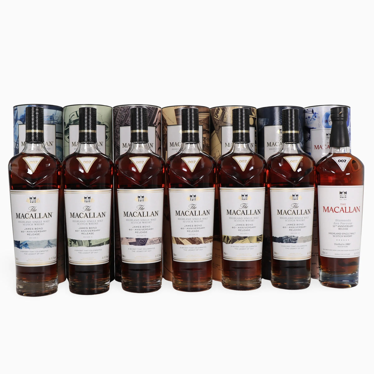 The Macallan James Bond 60th Anniversary | Complete 7-Bottle Set | Decades I-VI + Diamonds Are Forever 55th Anniversary 18 Year Old 2007 | 45.5% ABV | 7 x 70cl