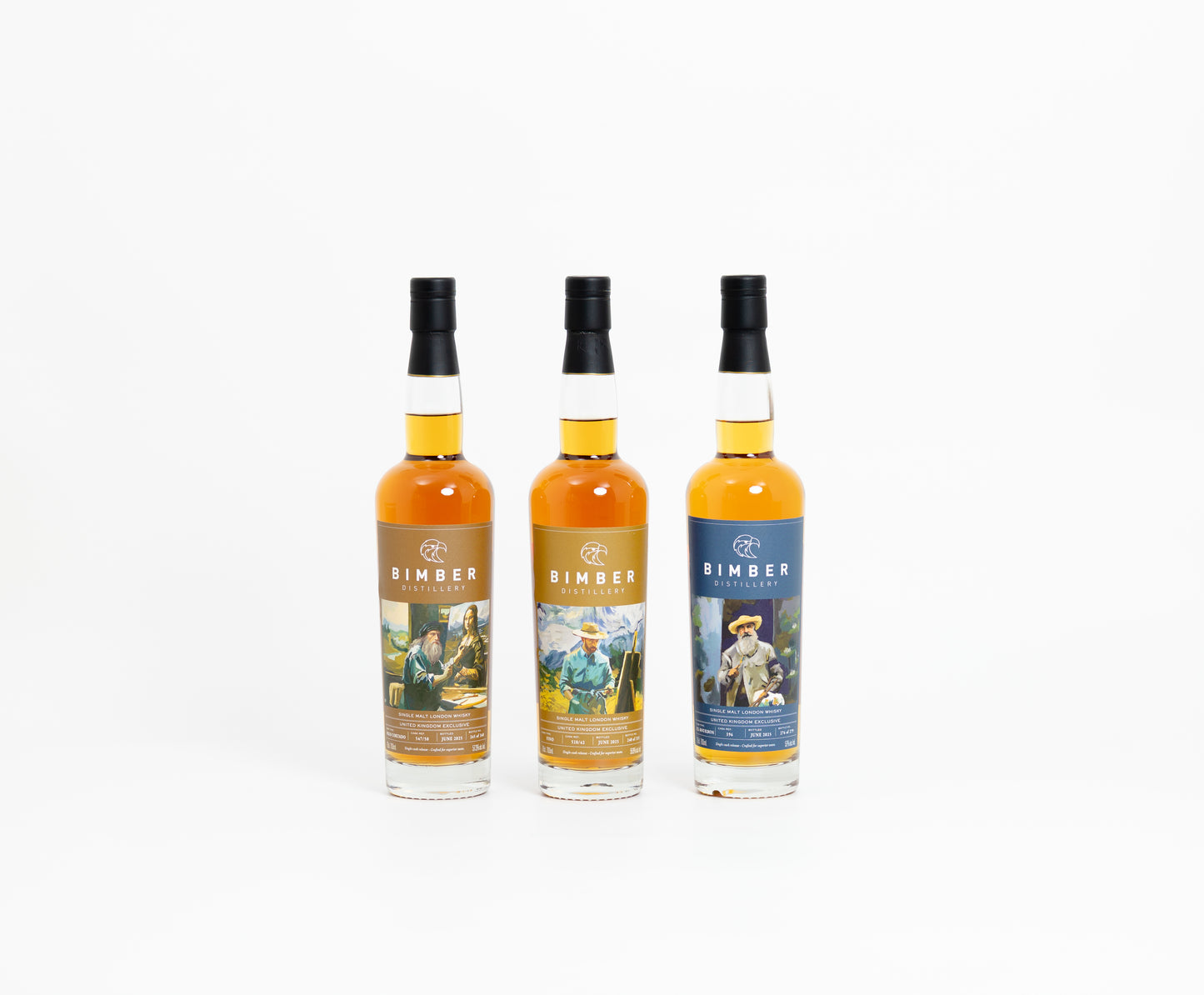 Bimber “Shoulders of Giants” Trio – Vincent, Leonardo & Claude, UK Exclusive Single Casks, 3 x 70cl