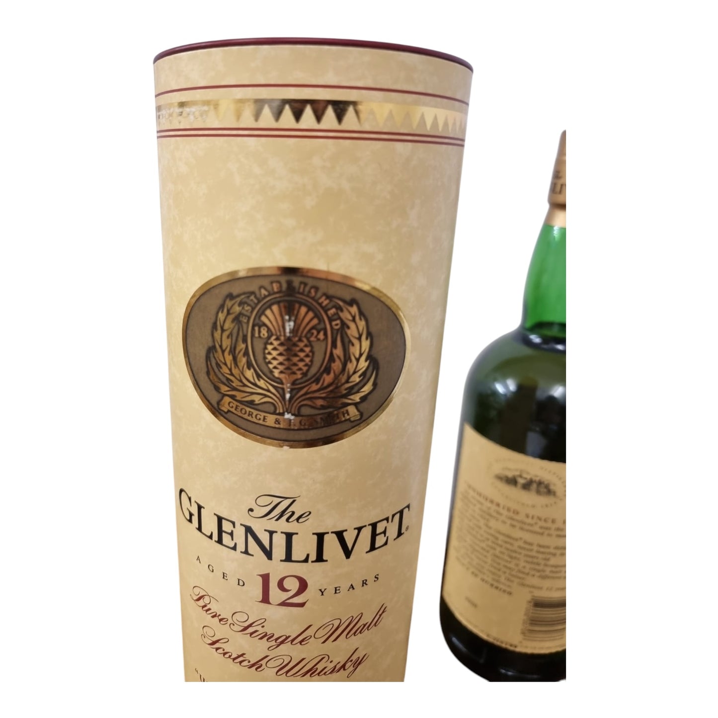 1980s - 1990's The Glenlivet 12 year old Malt Scotch Whisky Original Tube Packaging 1 litre