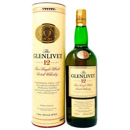 1980s - 1990's The Glenlivet 12 year old Malt Scotch Whisky Original Tube Packaging 1 litre