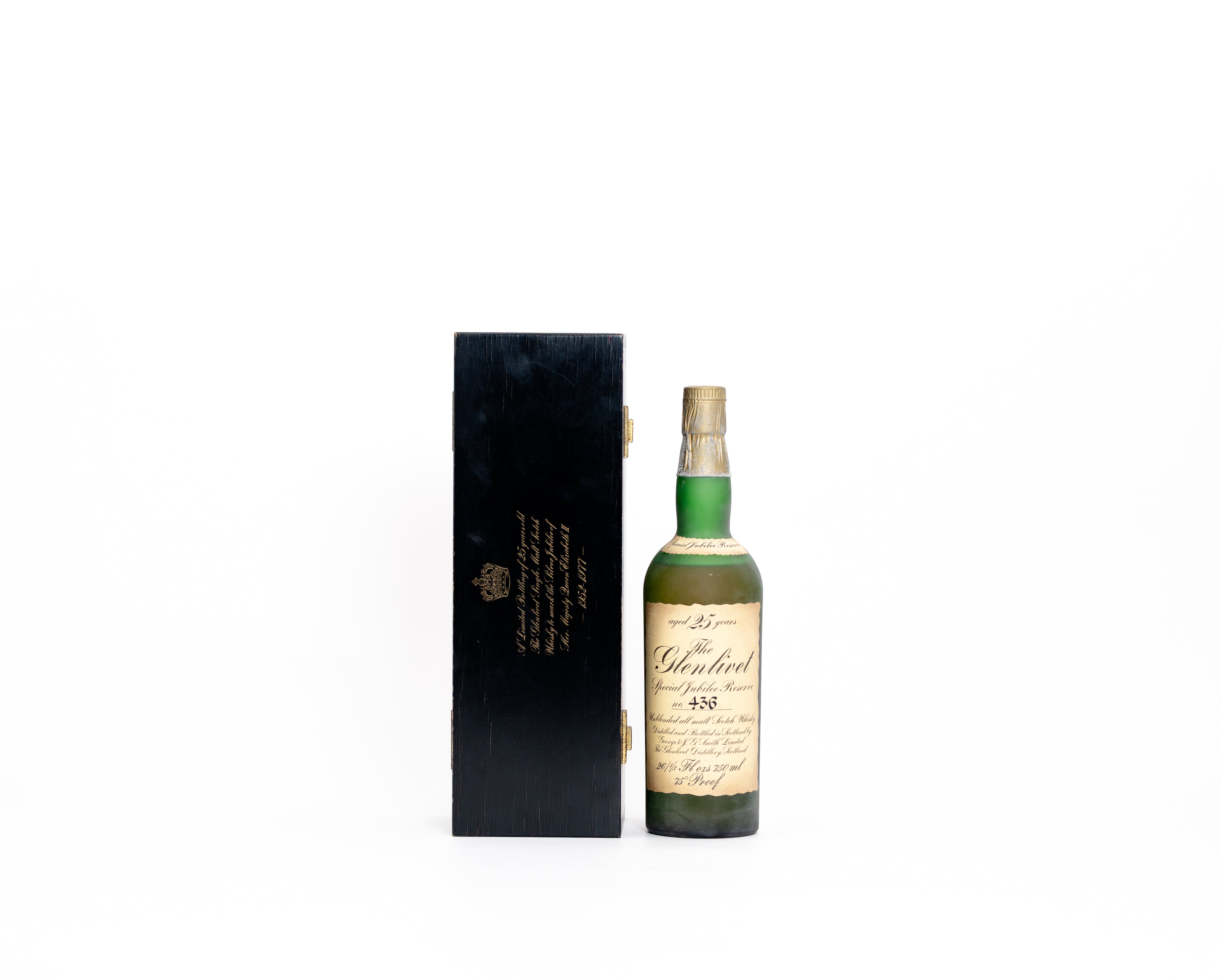Glenlivet 25 Year Old – Silver Jubilee (1952 Vintage), 43% ABV, 75cl (Bottle #436, With Original Wooden Box)