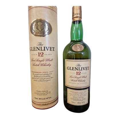 1980s - 1990's The Glenlivet 12 year old Malt Scotch Whisky Original Tube Packaging 1 litre