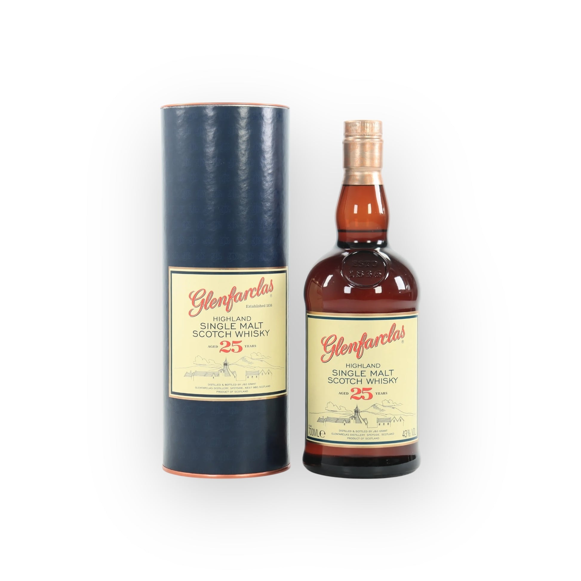 Glenfarclas 25 Year Old, sherry cask Speyside, 43% ABV, aged single malt, collectible whisky, whisky auction, gift tin